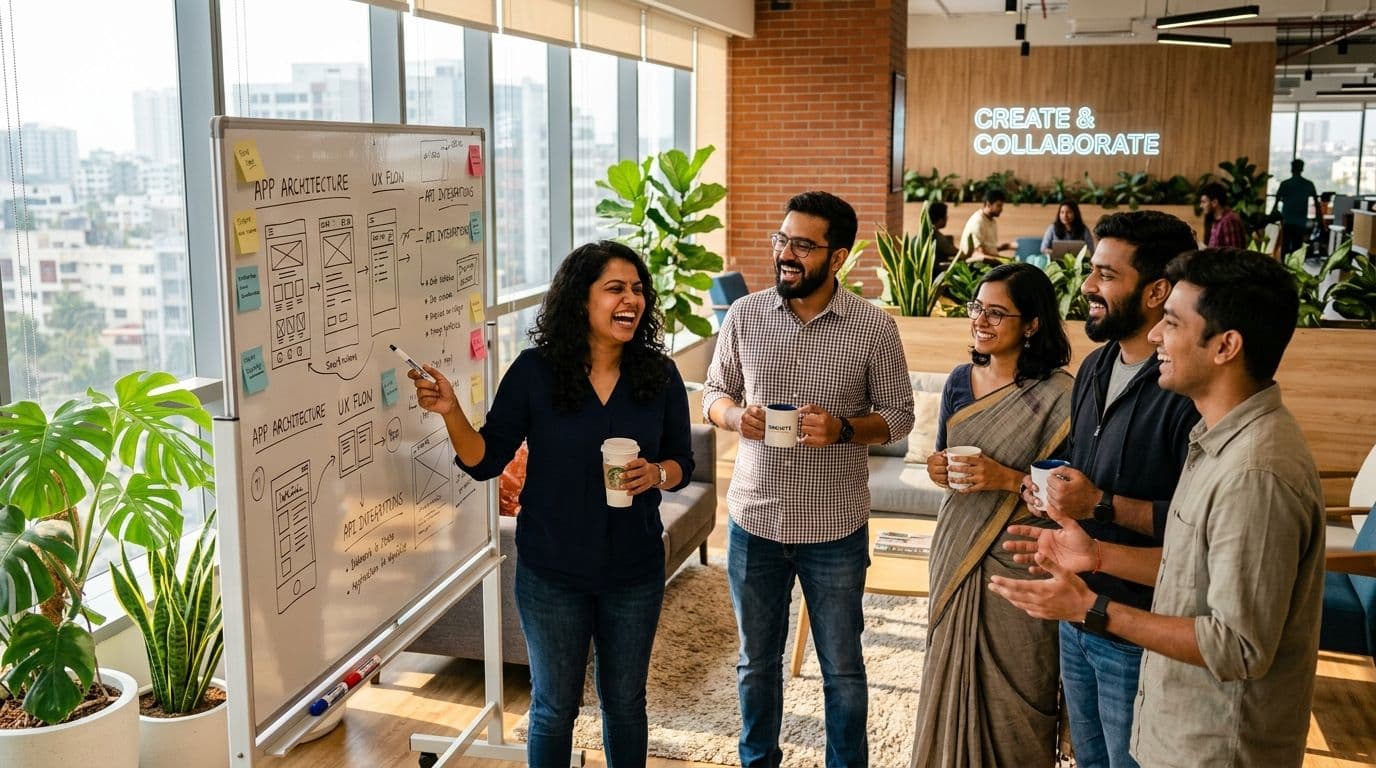 EmphoreSoft team collaboration, whiteboard brainstorming and lively office culture